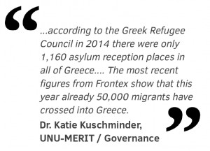 "according to the Greek Refugee Council in 2014 there were only 1,160 asylum reception places in all of Greece. Most of these facilities are run by NGOs often with specific mandates for unaccompanied minors or families. The most recent figures from Frontex show that this year already 50,000 migrants have crossed into Greece."